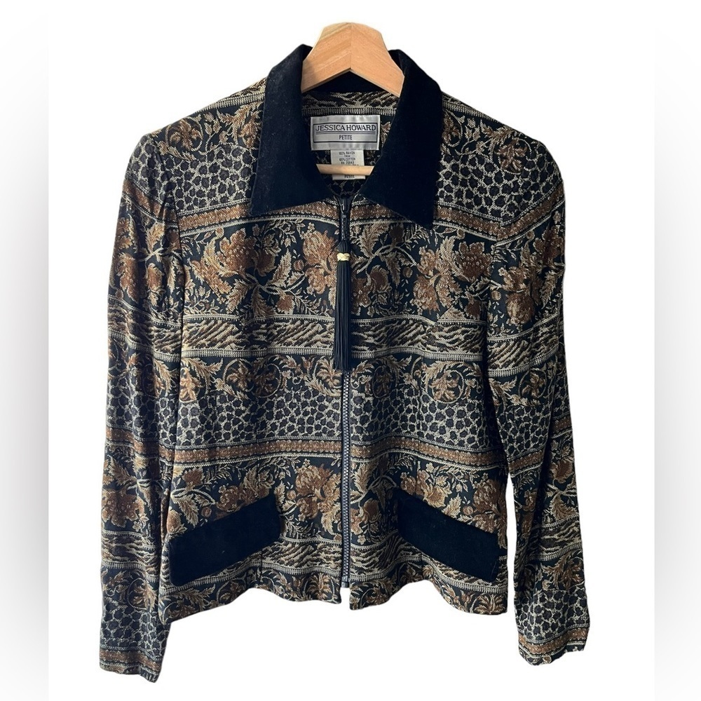 Vintage Jessica Howard Tapestry Jacket - Zip Up with Tassel Pull - Velour Collar